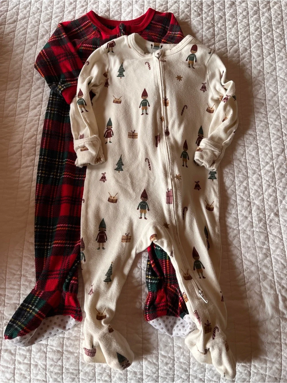 Cream Holiday Elf Print and Plaid Print One-Piece Pajamas 9m